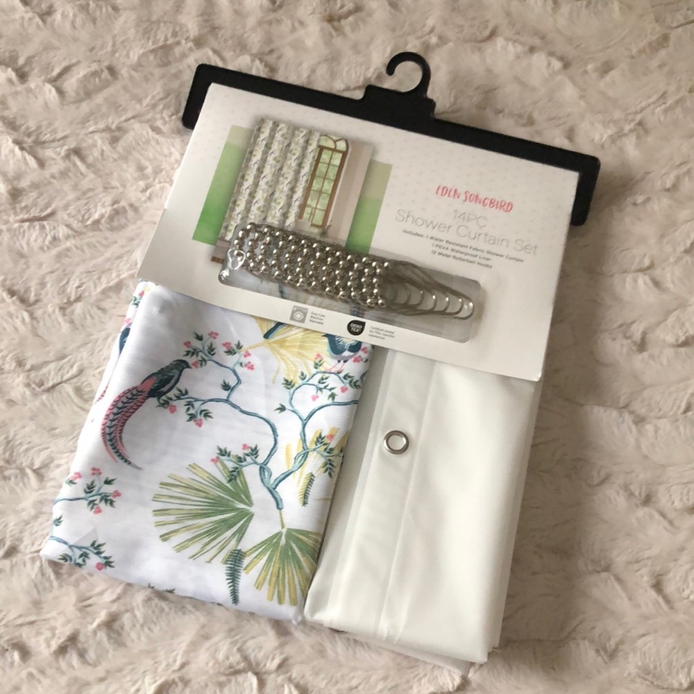 Bird & Palm Print Shower Curtain Set